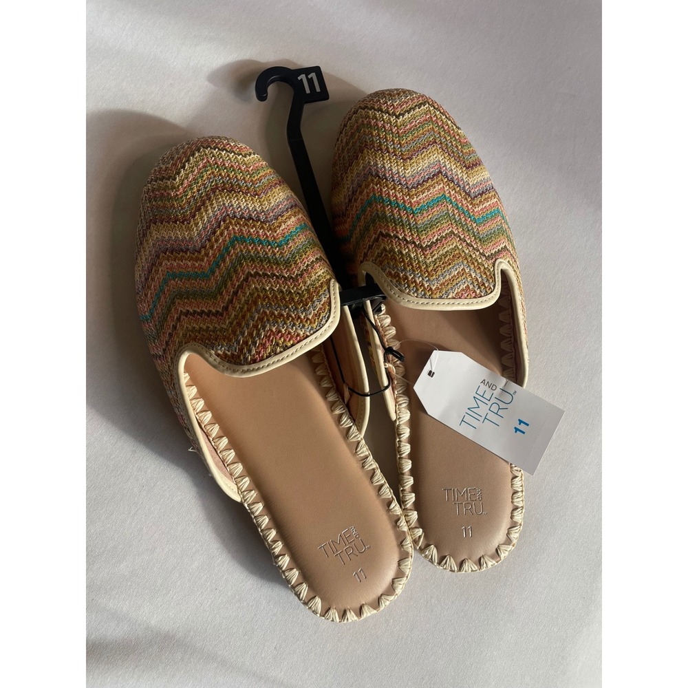 Time and Tru Womens Woven Straw Mules Multicolor Chevron Slip On Flats Size 11